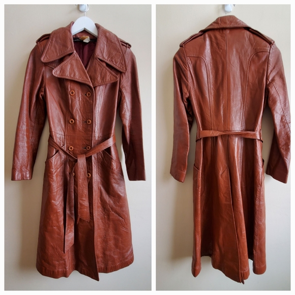 Vintage Cognac Genuine leather jacket fitted long double breasted, w self belt - Picture 1 of 16